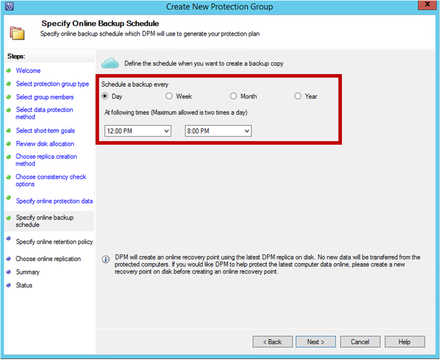 Screenshot shows how to choose schedules and retention policies.