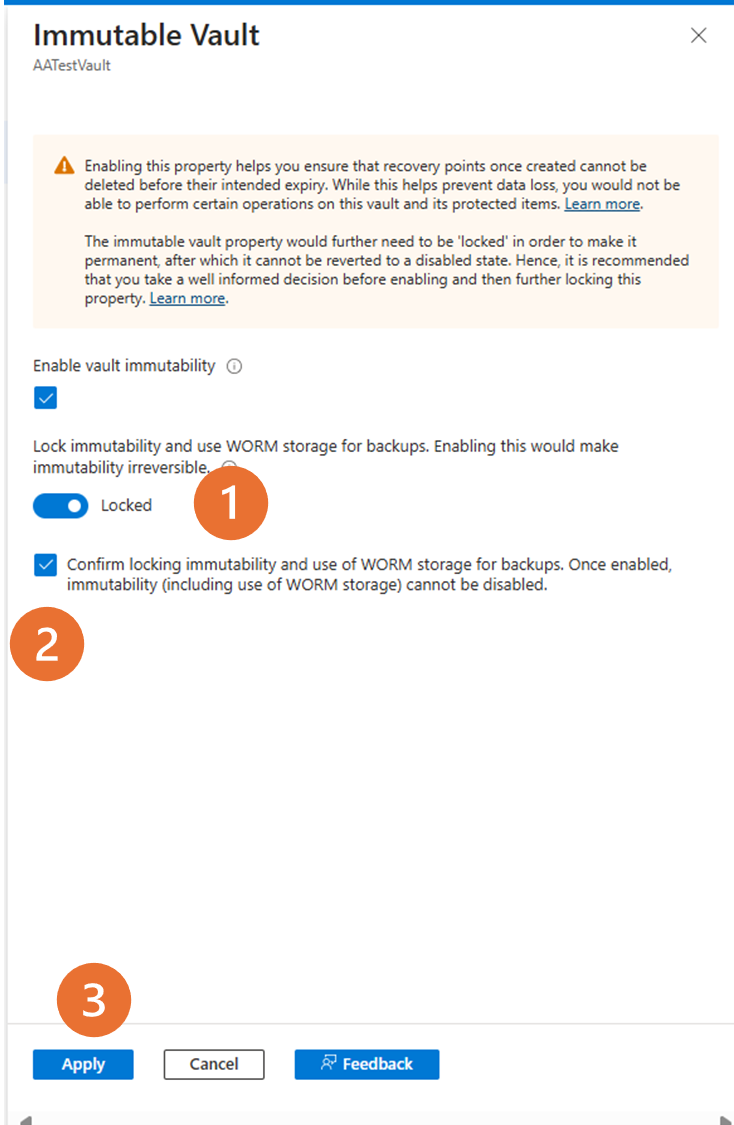 Screenshot showing how to enable the Immutable vault settings.