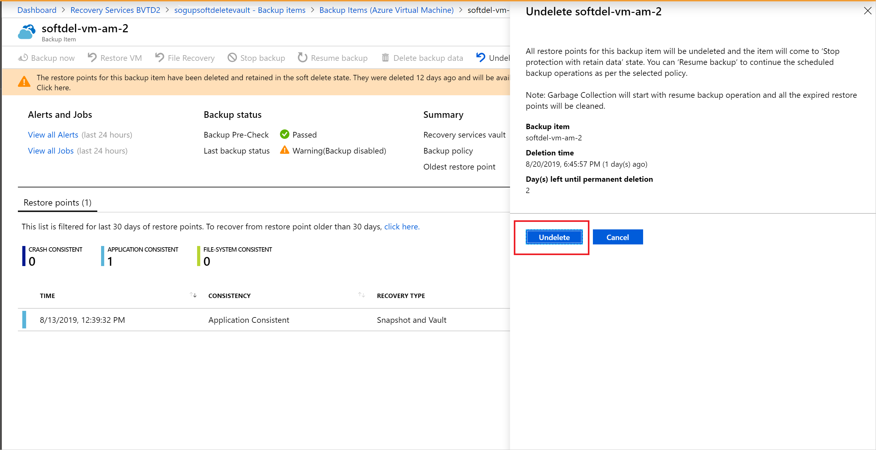 Screenshot of Azure portal, Confirm undelete VM