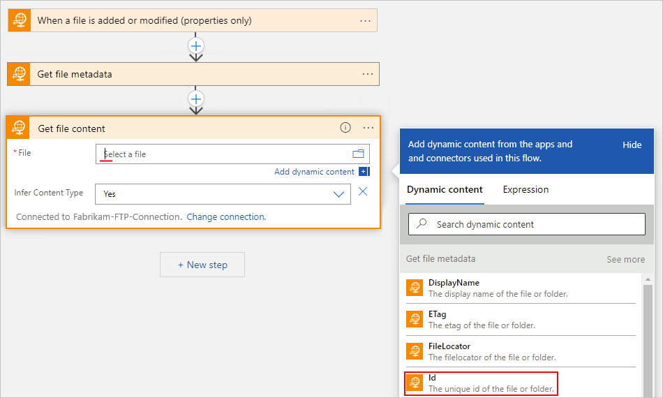 Screenshot shows Consumption workflow designer, "Get file content" action, and "File" property with dynamic content list opened and "Id" property selected.