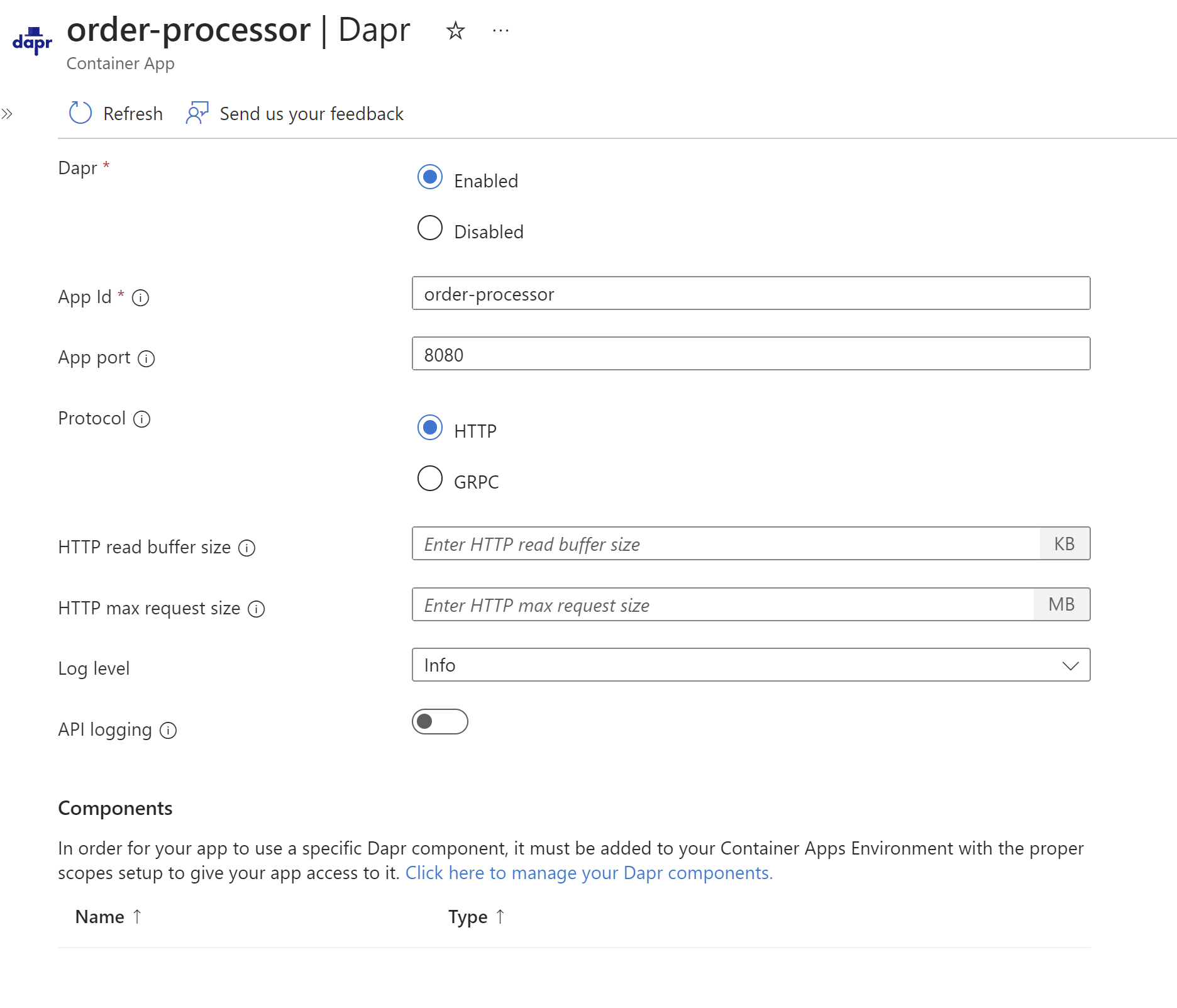 Screenshot showing some basic settings for enabling Dapr on the container app.