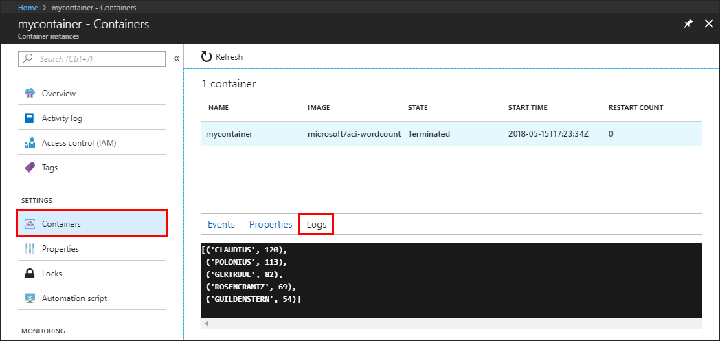 Portal showing container log output