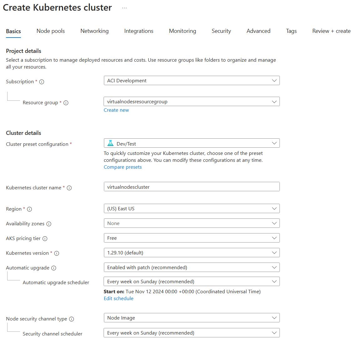 Screenshot showing how to configure the Basics page for AKS cluster creation in the Azure portal.