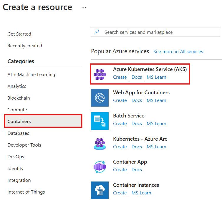 Screenshot showing how to select a new AKS cluster that you want to create in the Azure portal.