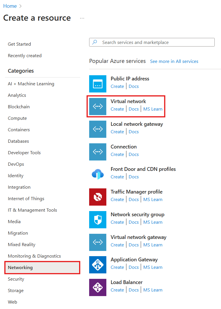 Screenshot showing how to select a new virtual network that you want to create in the Azure portal.