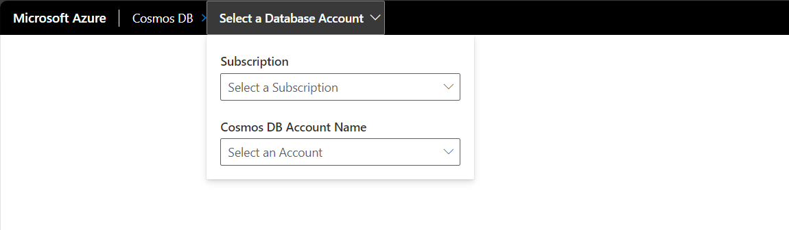 Screenshot of the 'Select a Database Account' menu in the Data Explorer.