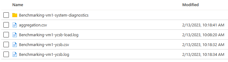 Screenshot of the container and output blobs from the benchmarking tool.