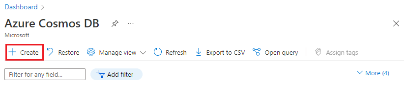 Screenshot showing Create for Azure Cosmos DB.
