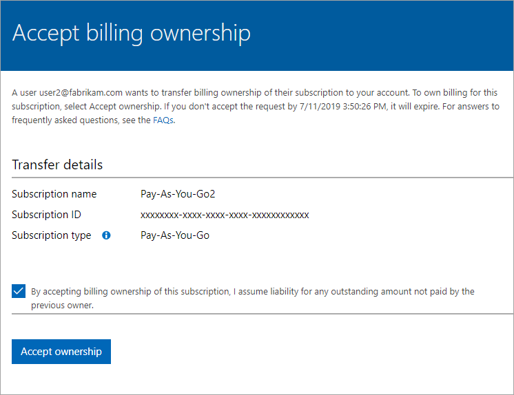 Screenshot showing the first subscription transfer web page.