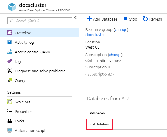 Screenshot of the Azure Data Explorer overview page and the selection of a sample database.