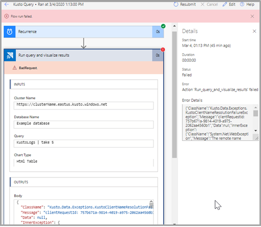 Screenshot of flow run, showing an error message.