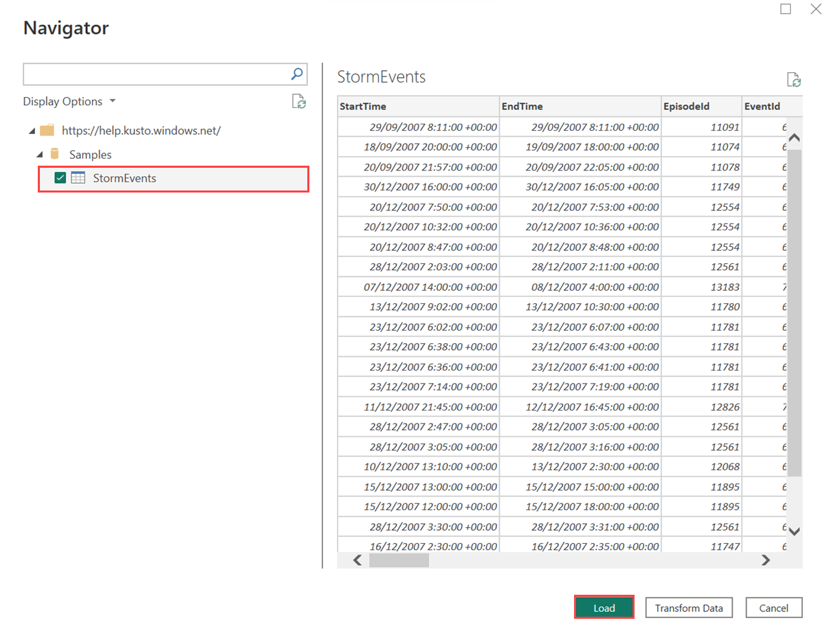 Screenshot of Navigator screen, showing that the StormEvents table is selected. The Load button is highlighted.