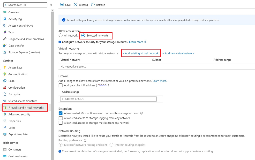 Add existing virtual network connection Azure Storage to Azure Data Explorer.