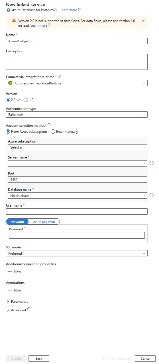 Configure a linked service to Azure database for PostgreSQL.