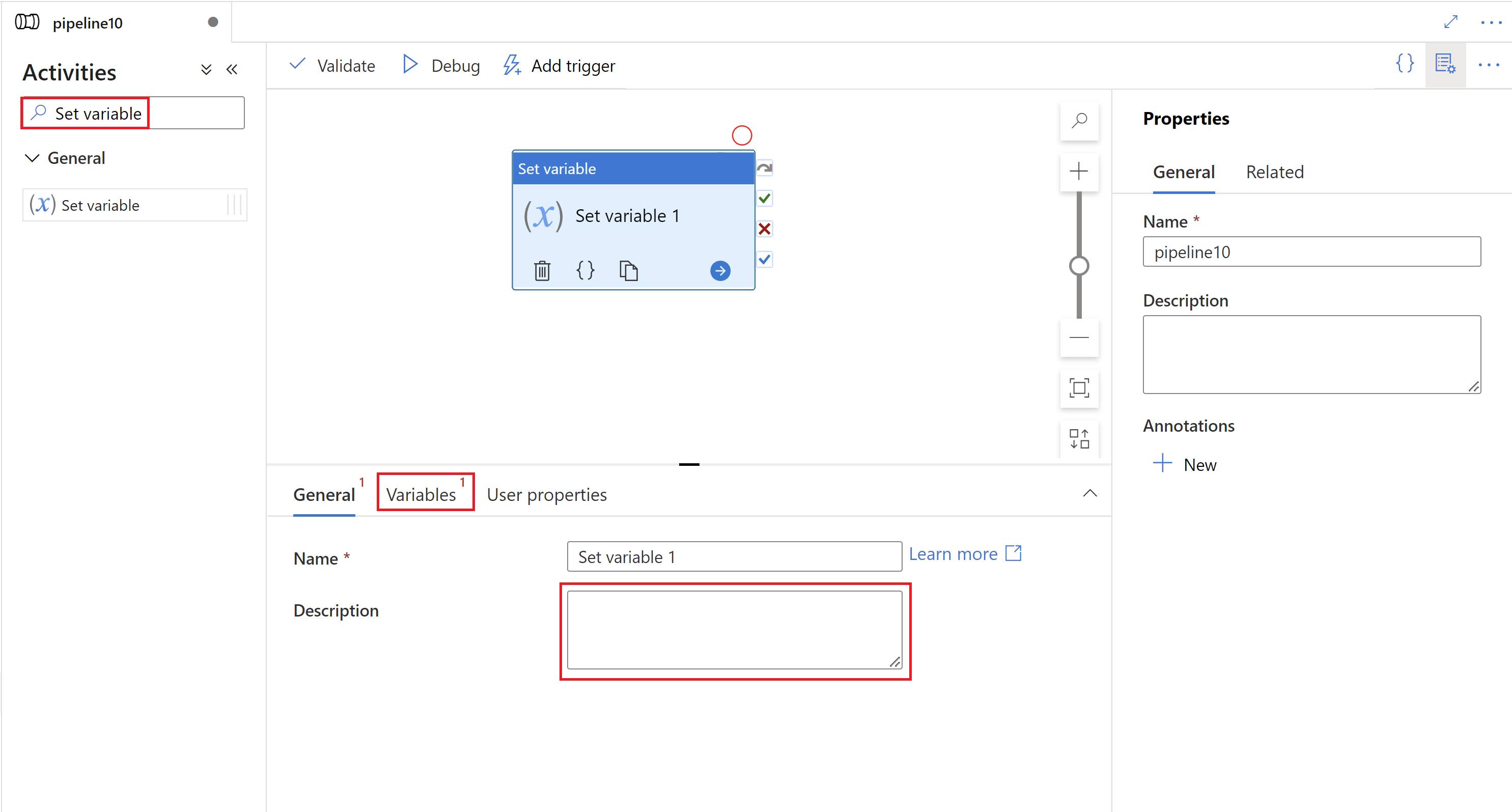 Screenshot of the UI for a Set variable activity.