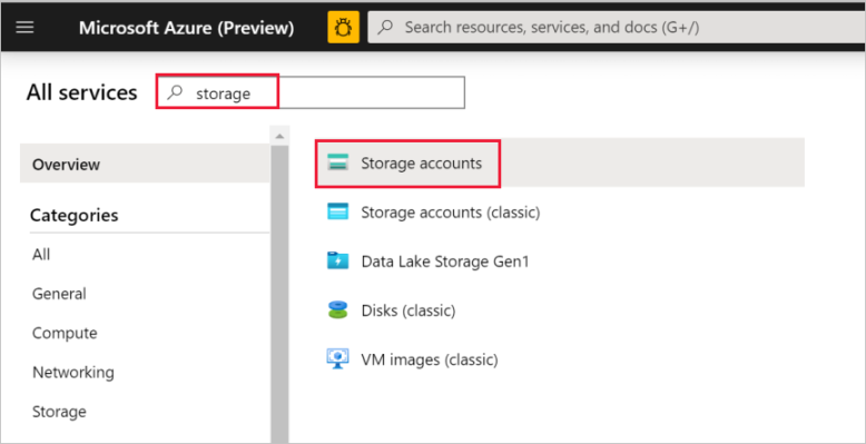 Search for storage account