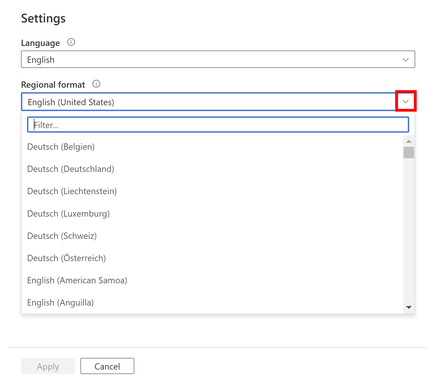 Screenshot of drop-down list of regional formats that users can choose from. 