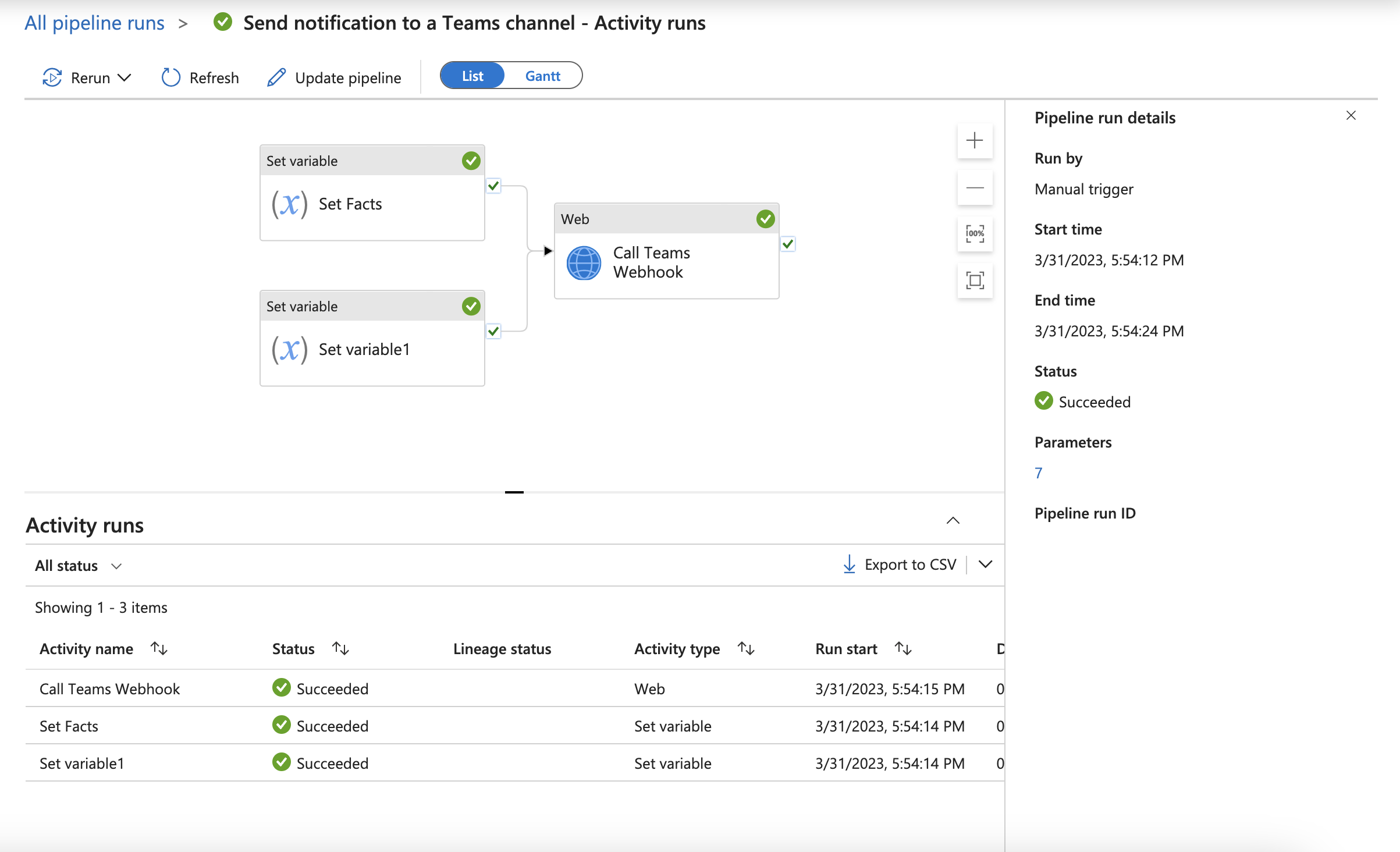 Screenshot of the new Pipeline run details pane in the detailed monitoring view.