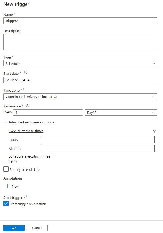 Screenshot that shows the pane for creating a new trigger.