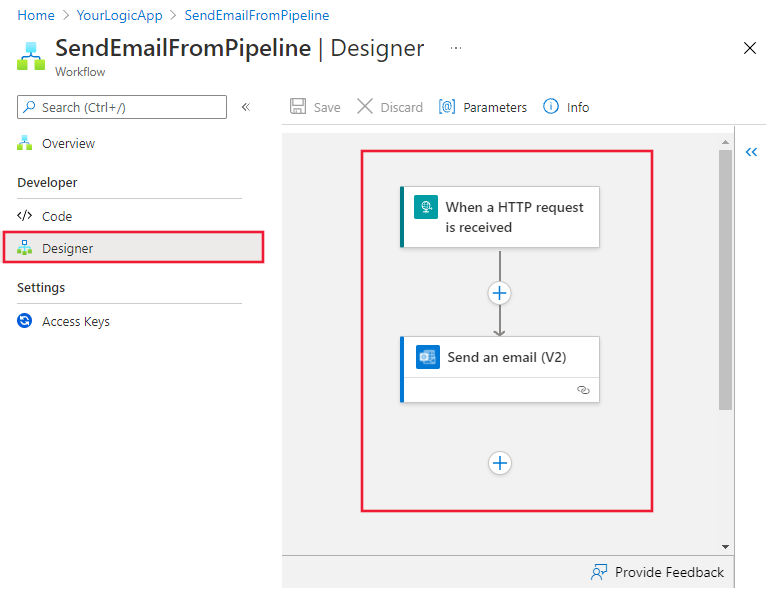 Shows the logic app workflow designer with the Request trigger and Send an email (V2) action.