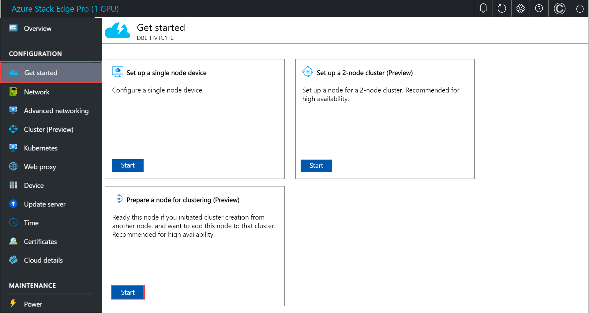 Local web UI "Prepare a node" on "Get started" page