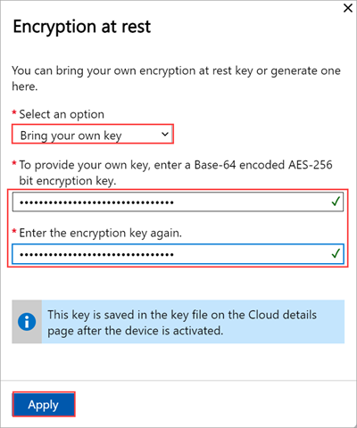 Screenshot of the local web UI "Encryption at rest" pane with bring your own key.