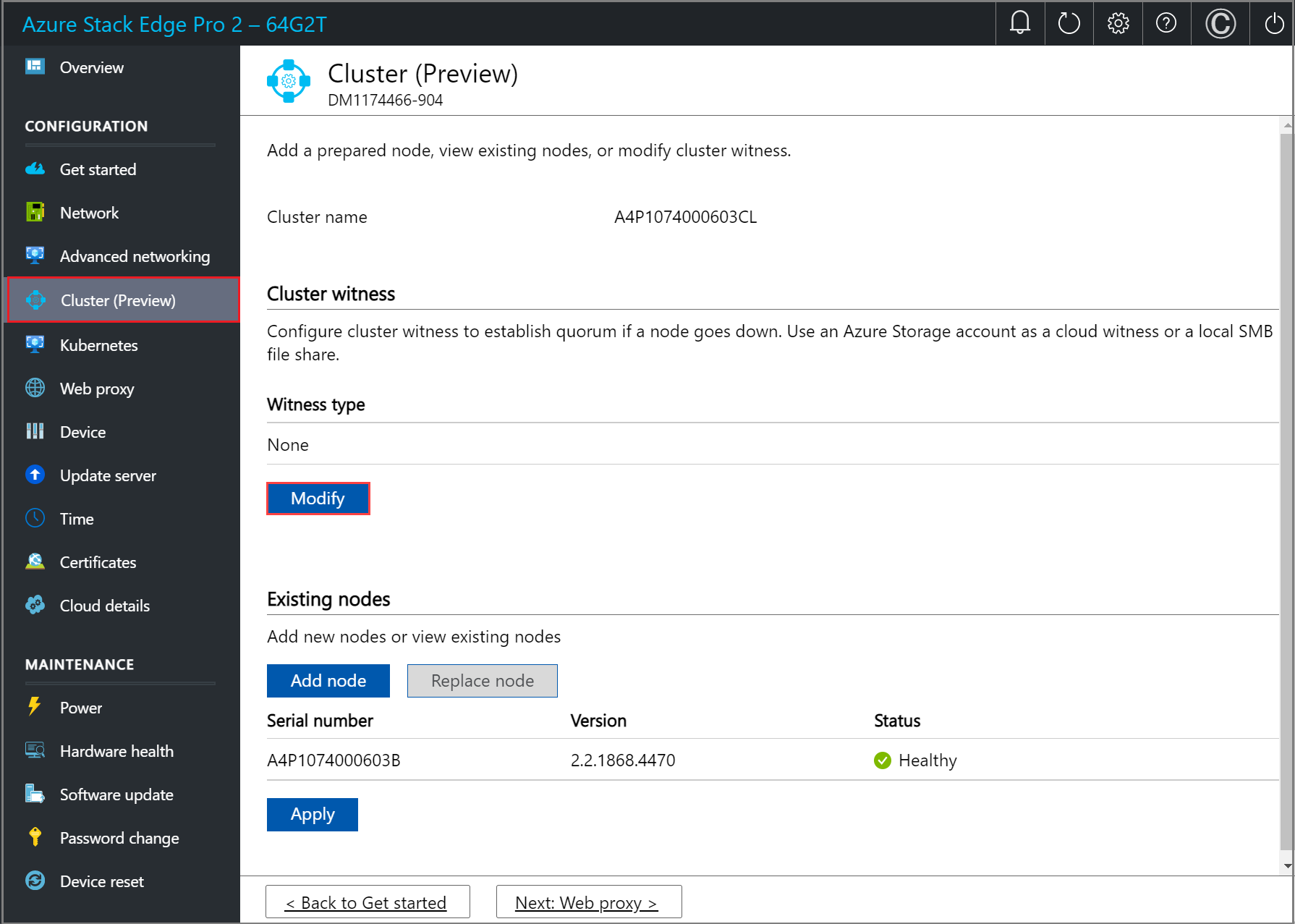 Screenshot of local web UI "Cluster" page with "Modify" option selected for "Cluster witness" on first node.