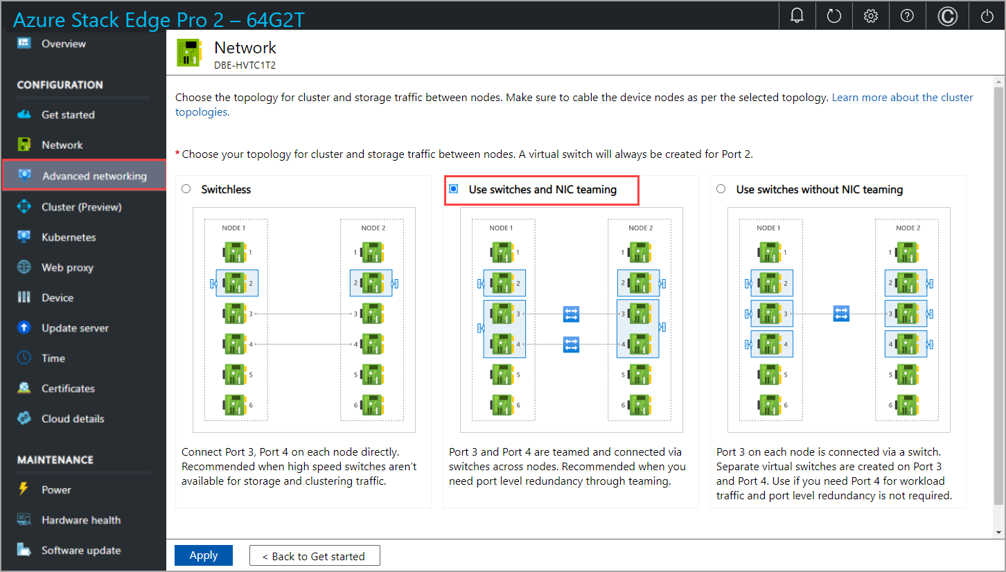 Screenshot of local web UI "Network" page with "Use switches and NIC teaming" option selected on second node.