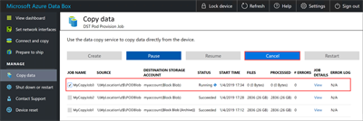 Screenshot of the Copy Data page highlighting the location of the Cancel button. Cancel a job on the 'Copy data' page