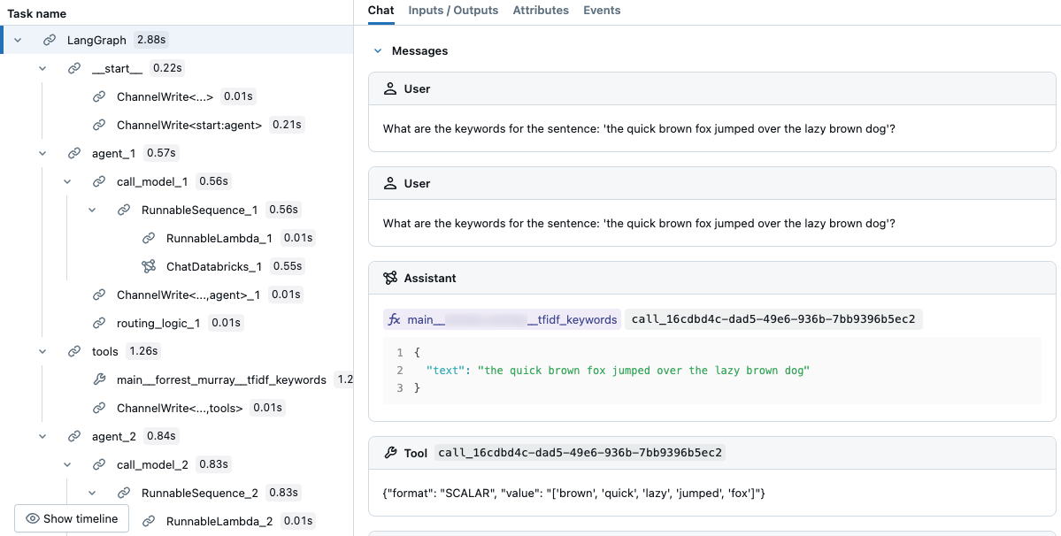 MLflow trace output in notebook showing tool selection.