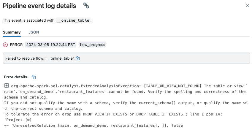 online tables details of error