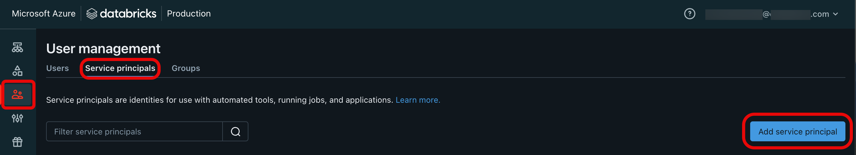 The Service principals tab under Users & groups in the Databricks account admin console