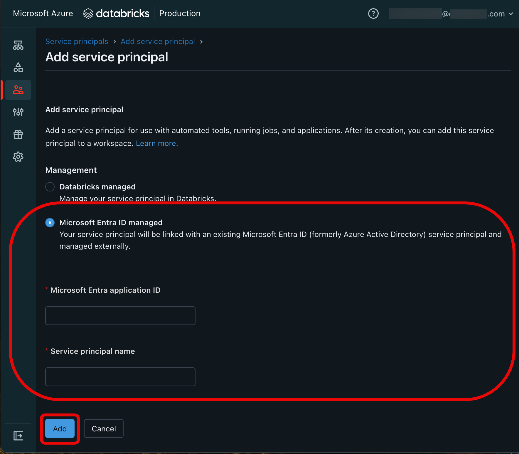 The Add service principal dialog in the Databricks account admin console