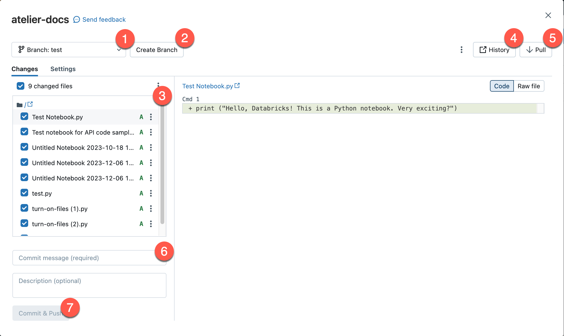 The dialog used to perform Git operations in a Databricks workspace.