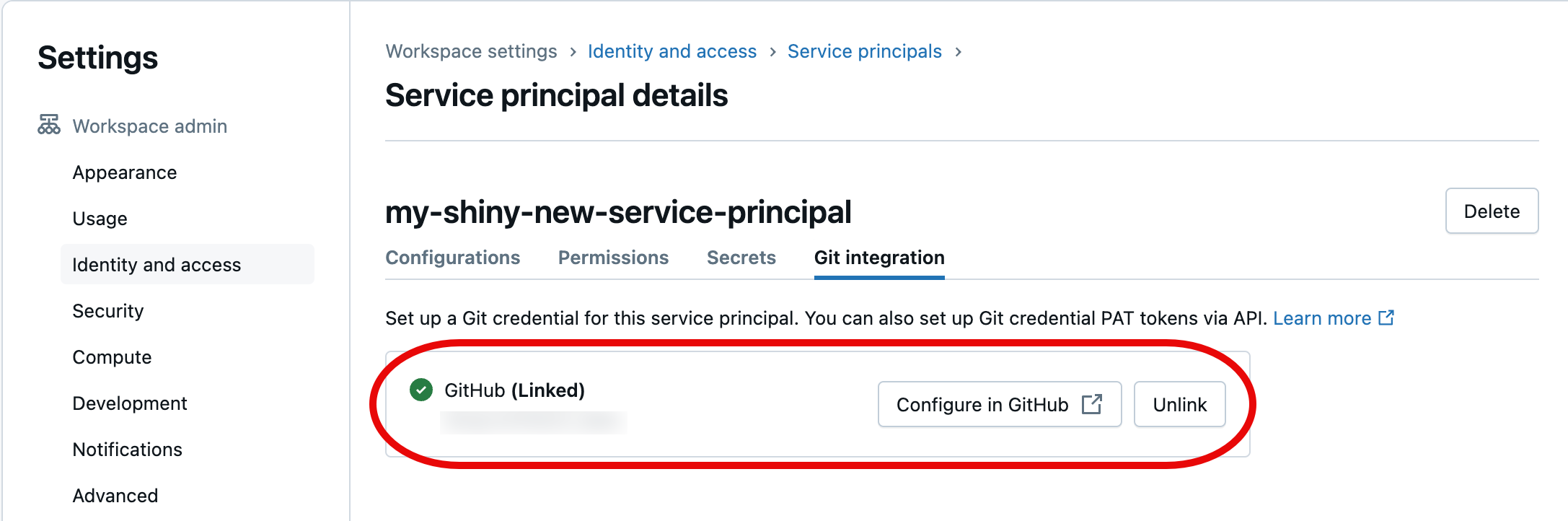 Confirmation screen for successfully linked Git credentials