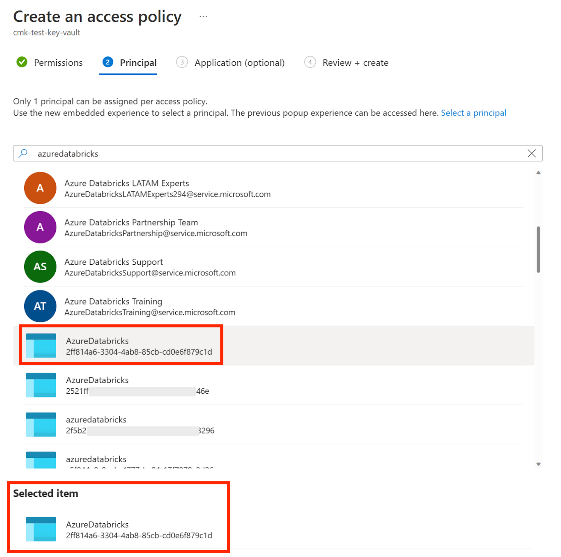 Select the AzureDatabricks application with ID 2ff814a6-3304-4ab8-85cb-cd0e6f879c1d