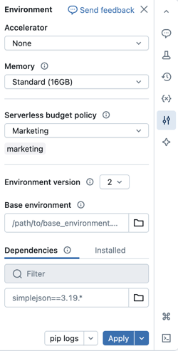 Serverless notebook environment panel with budget policies