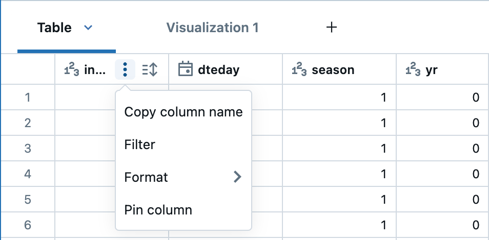 Column settings kebab menu