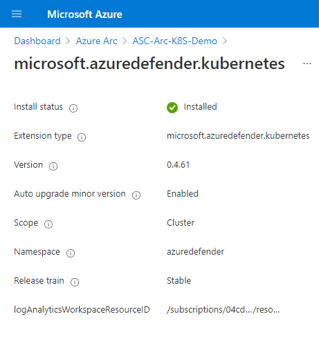 Screenshot that shows full details of an Azure Arc extension on a Kubernetes cluster.