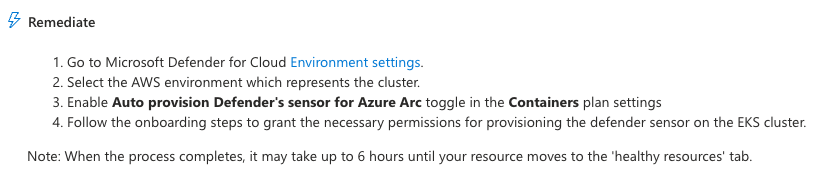 Screenshot explaining how to remediate the EKS clusters recommendation by installing the required Defender for Containers components.