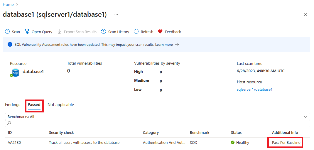 Screenshot of passed assessments indicating they've passed per custom baseline.