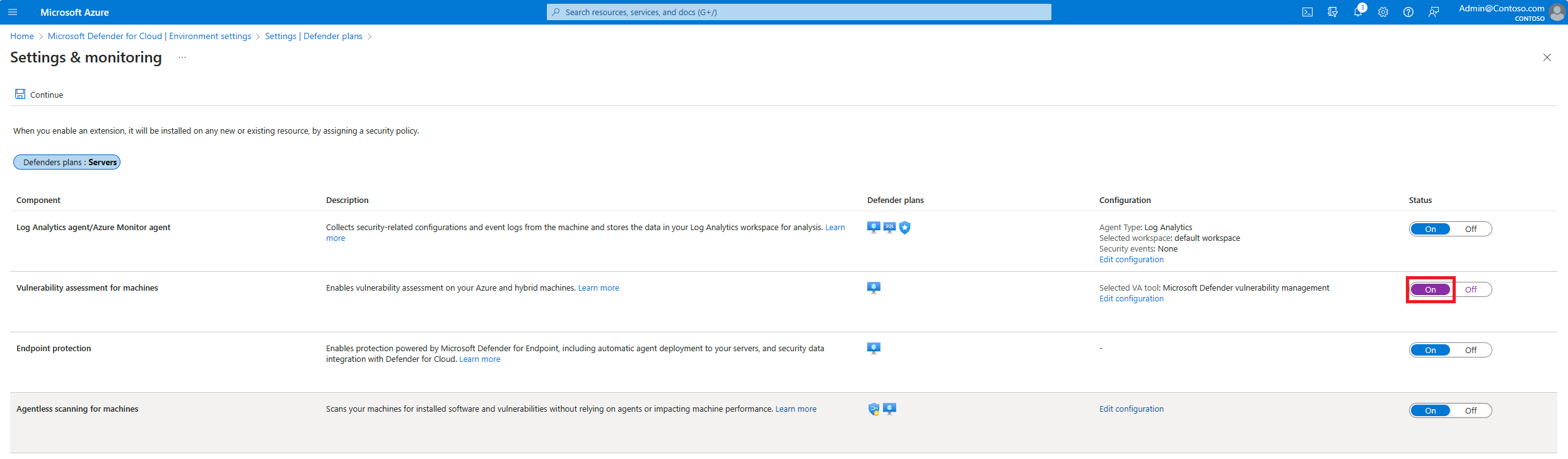 Screenshot showing where to turn on deployment of vulnerability assessment for machines.