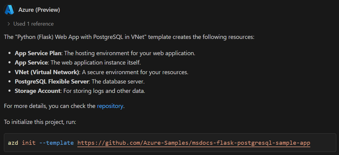 Screenshot that shows a response from GitHub Copilot for Azure with an explanation of the resources created by the suggested template.