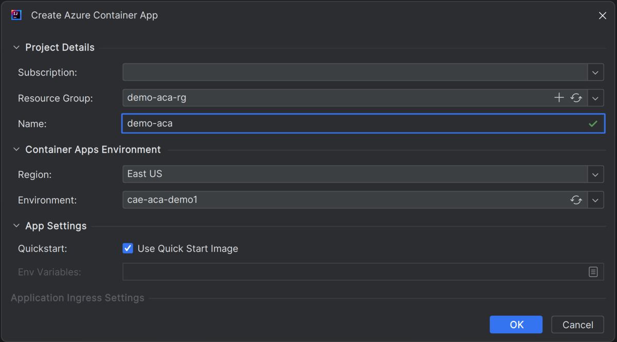 Screenshot of Intelli J that shows the Create Azure Container App dialog box.