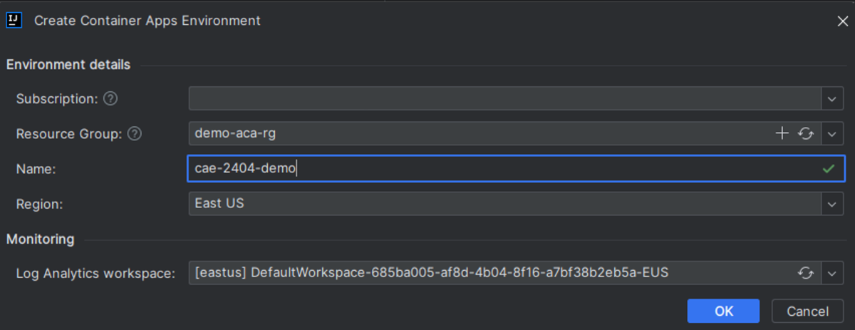 Screenshot of Intelli J that shows the Create Container Apps Environment dialog box.