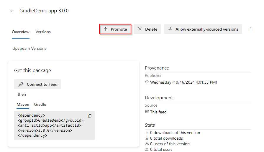 A screenshot displaying how to promote a package to a view in an Azure Artifacts feed.