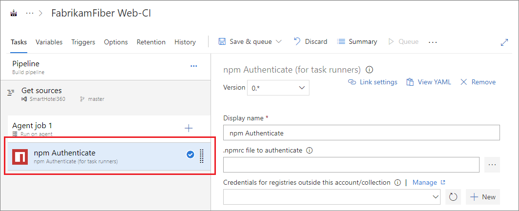 Screenshot showing the npm authenticate task added to the pipeline.