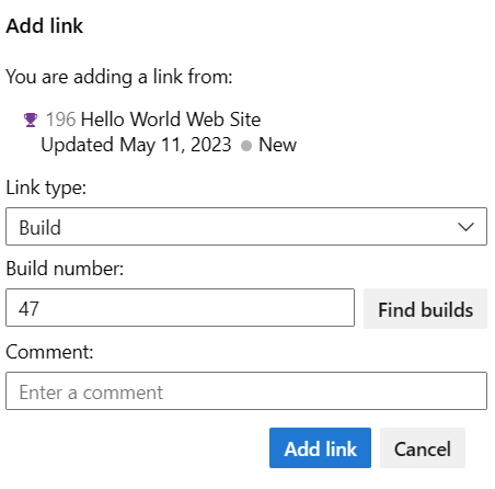 Screenshot of Add link dialog with Build number entered.