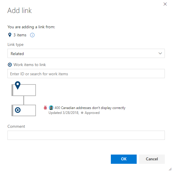 Screenshot of Add link dialog, web portal, to an existing work item.