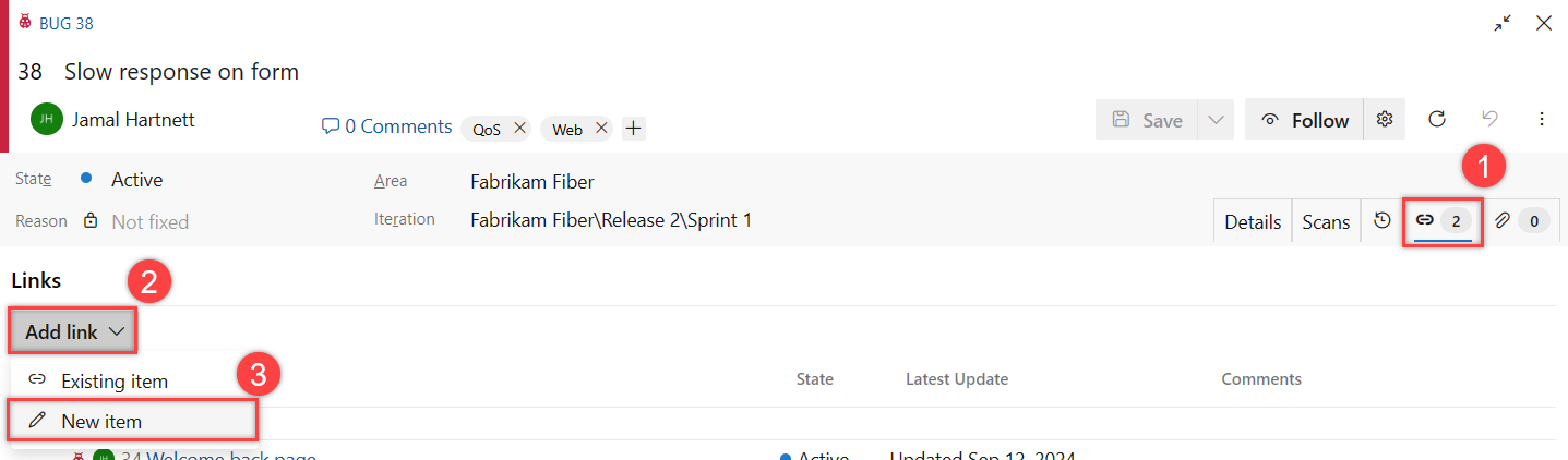 Screenshot sequence to add new or existing item link to work item.